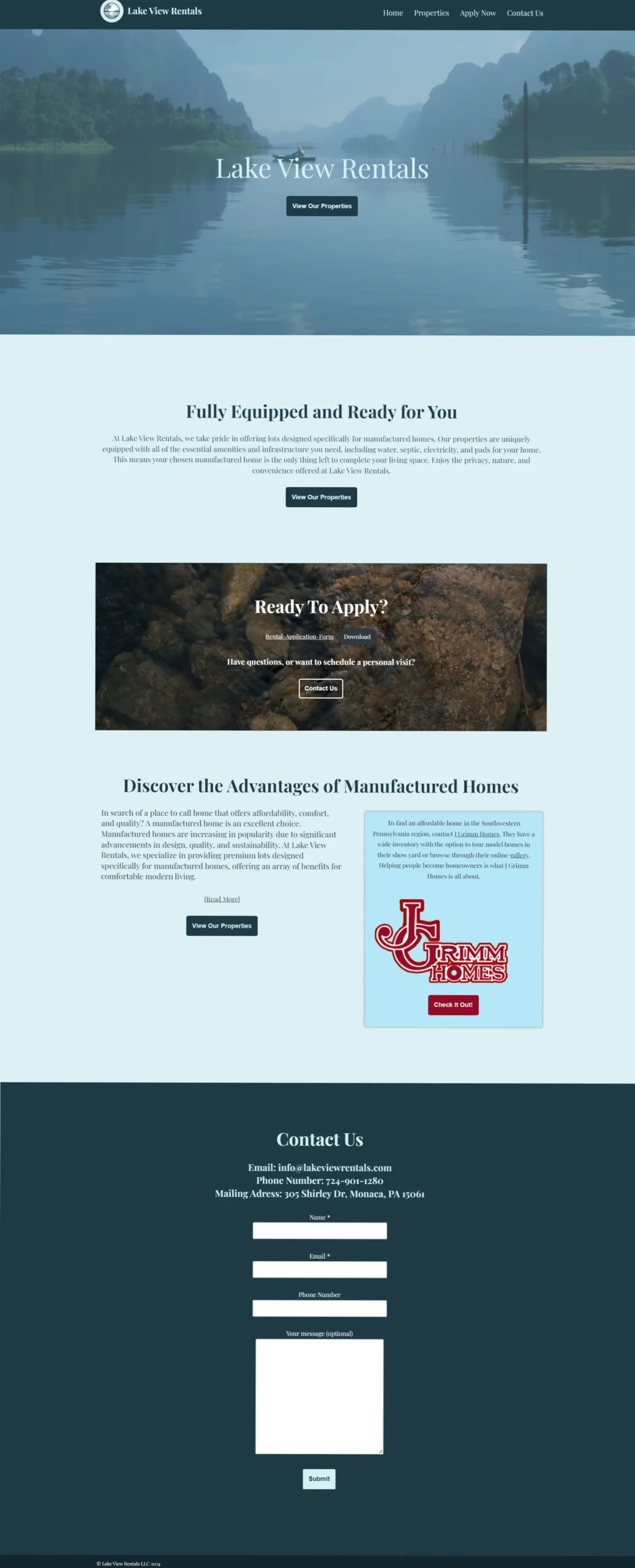 Higher Foundations made site whole page screenshot with light blue backgrounds, a lake background hero image, and dark blue contact page at bottom 