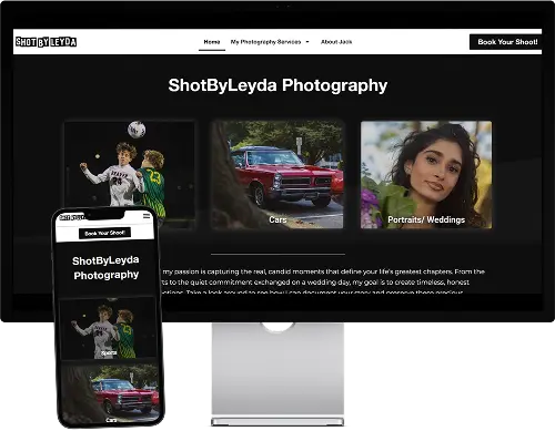 Desktop and Mobile Mockups of ShotByLeyda Hero Section; Made by Higher Foundaions Website Services